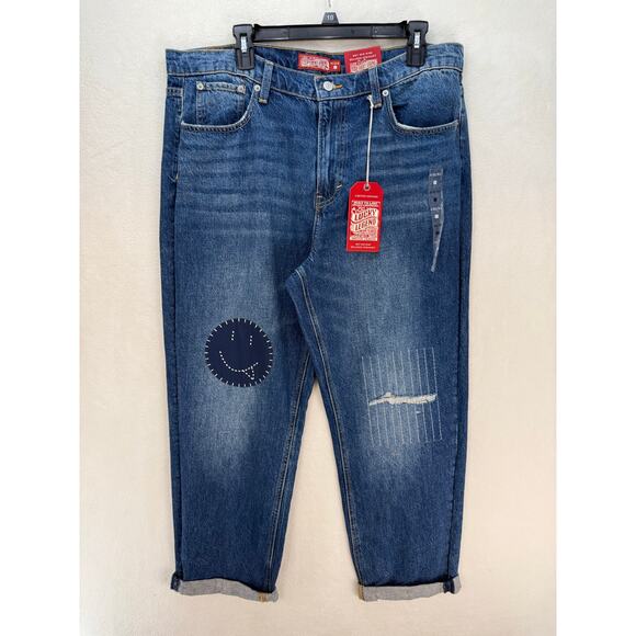 LUCKY BRAND LEGEND SERIES WOMEN'S 14/32R BOY MID RISE RELAXED STRAIGHT PATCHWORK - Picture 1 of 8